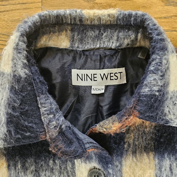 Nine West Size L Plaid Shacket Jacket Coat Orange and Blue Fluffy Button Down - Picture 5 of 8